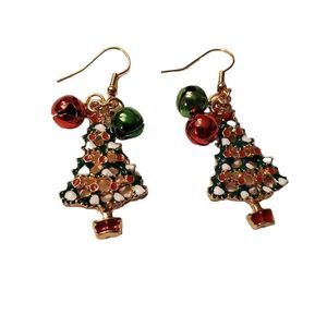 Gold Alloy Christmas Tree with Bell Ornaments Dangle Earrings